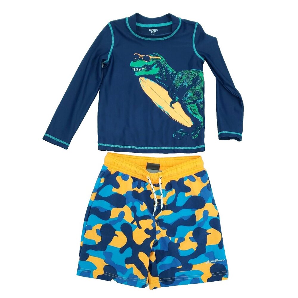 Carters and Eddie Bauer Swim Shirt & Shorts Boys 5/6 Blue Bundle Rashguard Suit